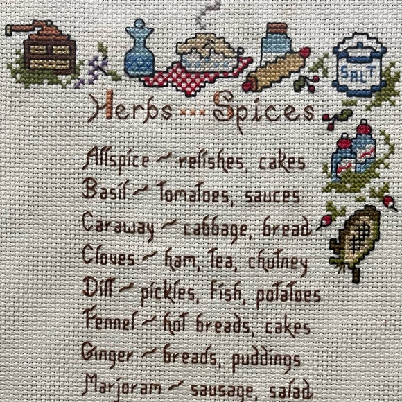 Vintage Herbs & Spices Uses Finished & Framed Counted Cross Stitch 11” x 16” - Picture 4 of 5